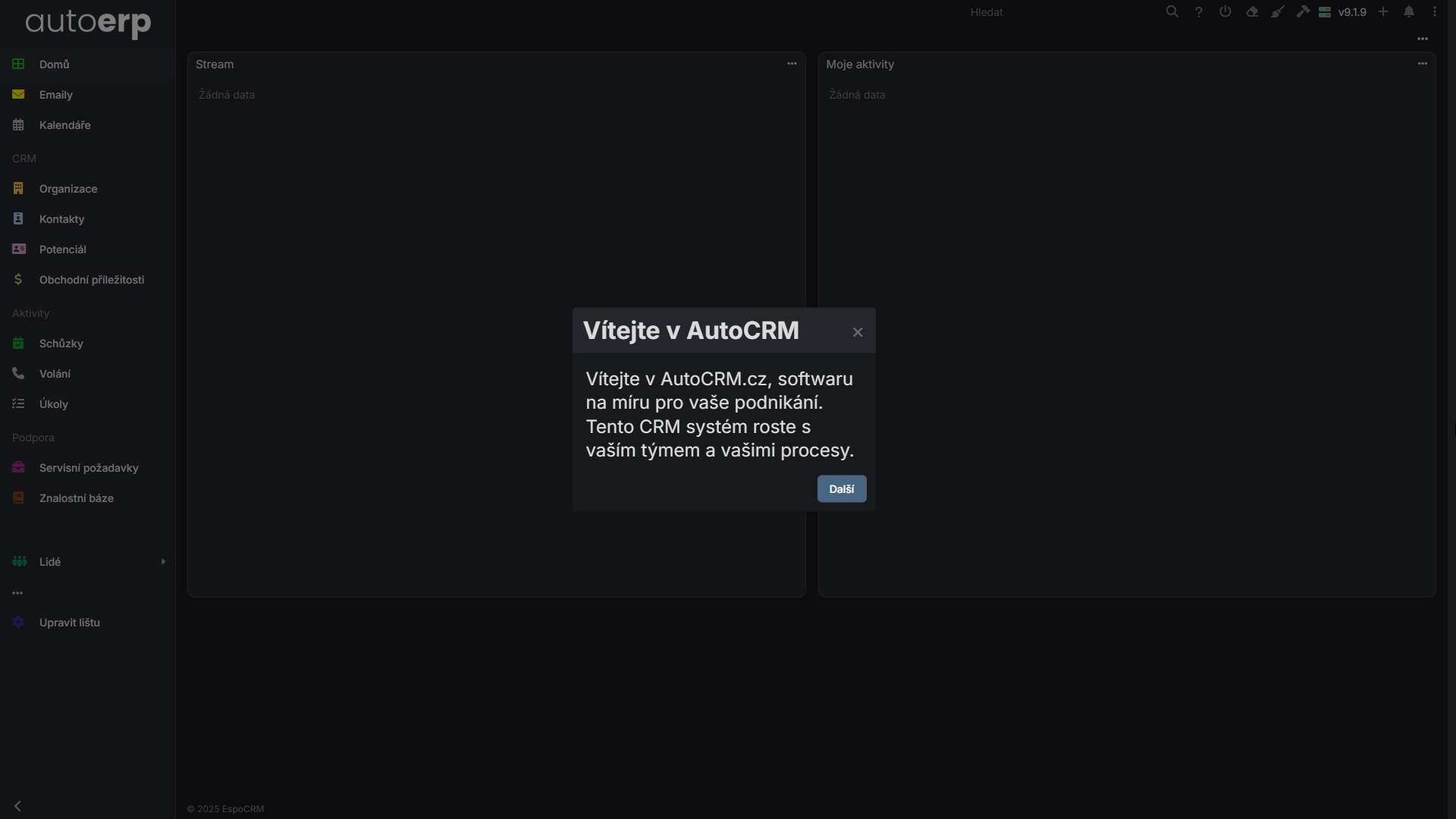 Uvítací obrazovka AutoCRM