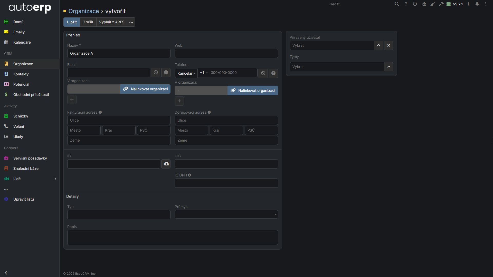Formulář pro vytvoření organizace