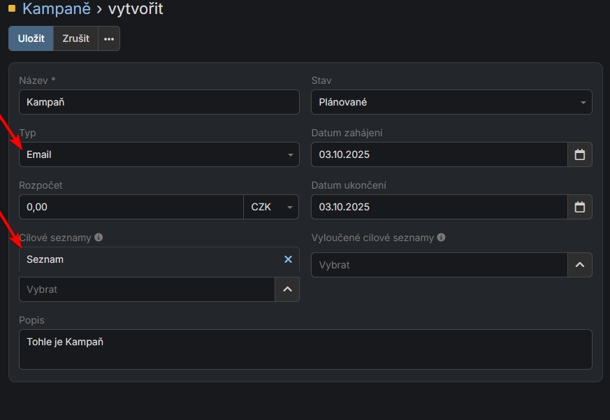 Vytvoření kampaně