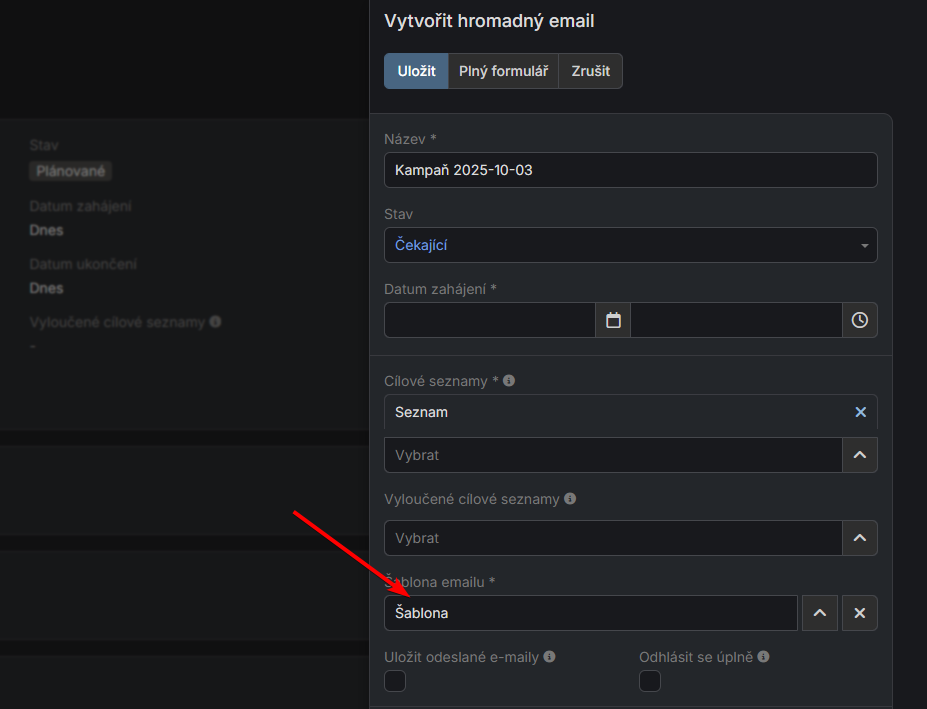 Výběr šablony v hromadném emailu
