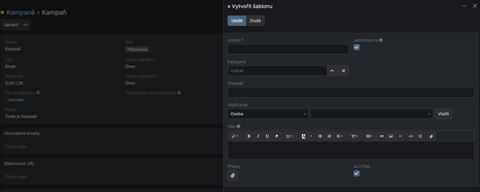 Formulář vytvoření šablony
