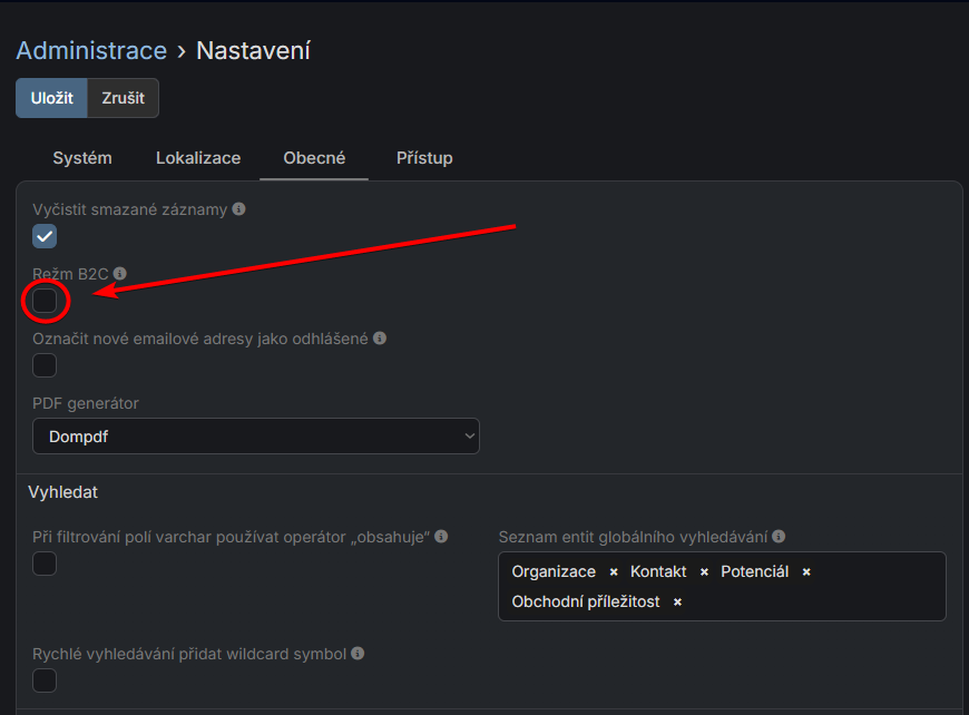 Aktivace režimu B2C