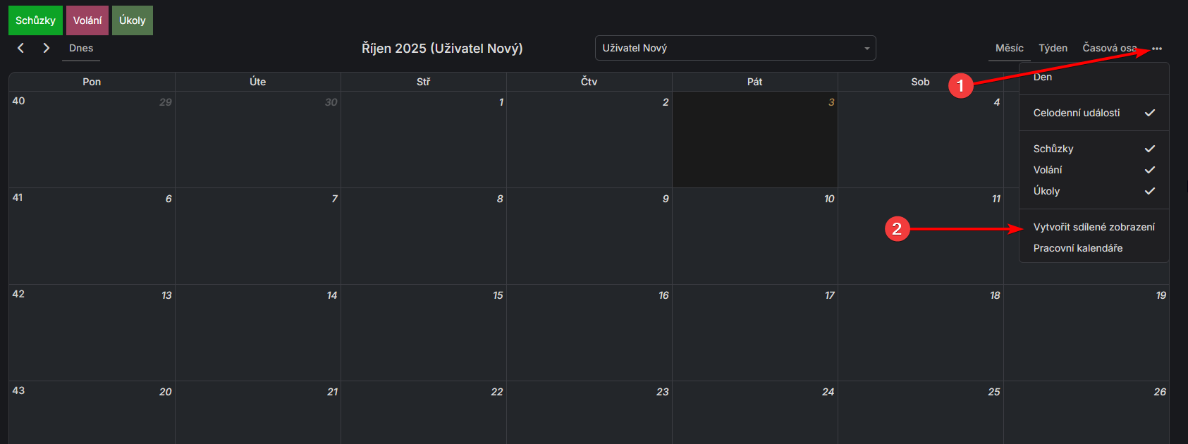 Otevření menu pro sdílené zobrazení