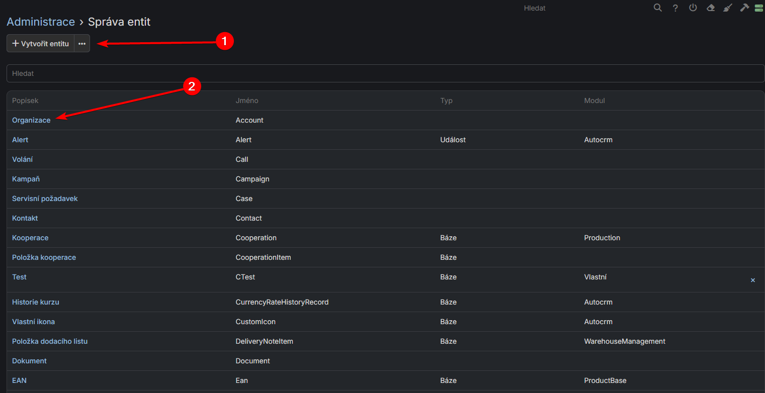 Seznam entit ve správci entit