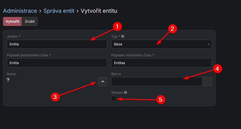 Formulář konfigurace entity
