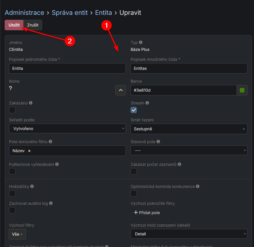 Formulář úpravy entity s pokročilými nastaveními