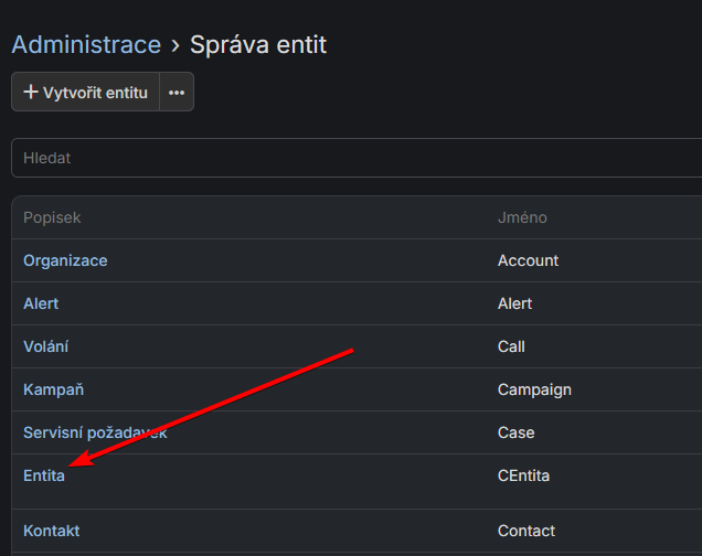 Výběr entity k úpravě
