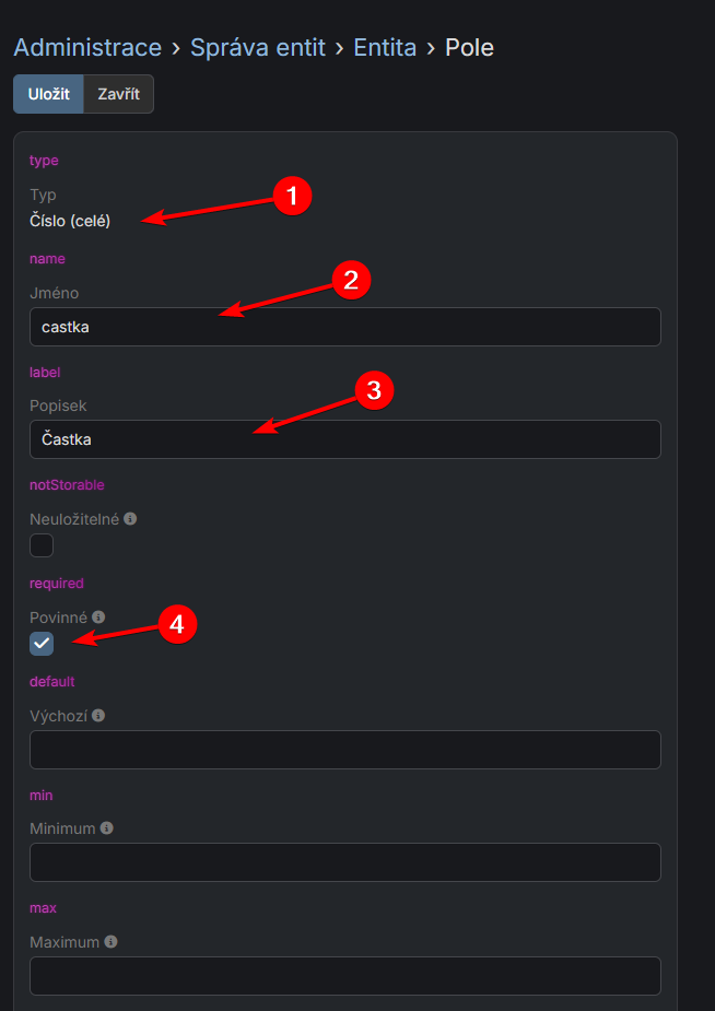 Vytvoření pole Částka