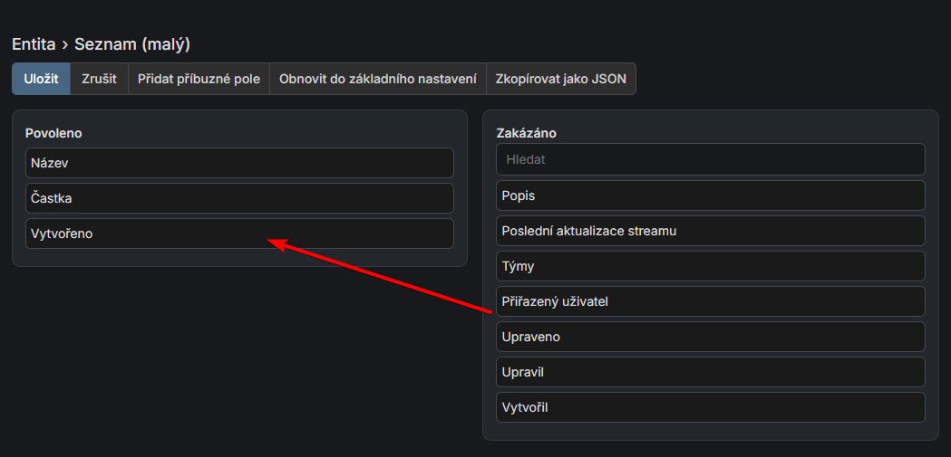 Přidání pole Vytvořeno