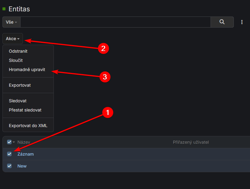 Výběr záznamů pro hromadnou úpravu