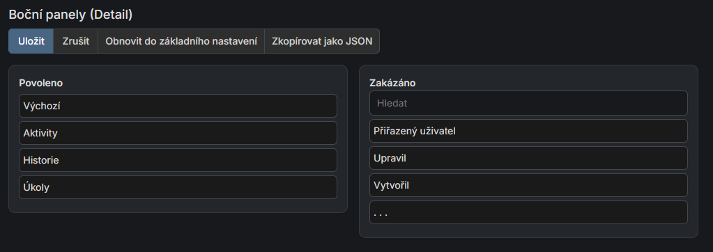 Layout bočních panelů