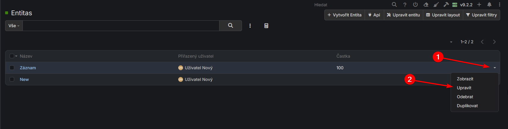 Dropdown menu pro úpravu záznamu
