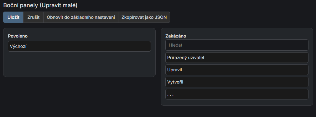 Layout bočních panelů pro rychlou úpravu