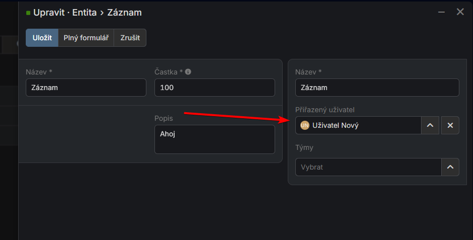 Rychlá úprava s panelem Přiřazený uživatel