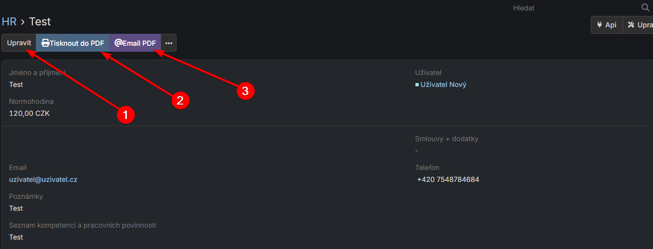 Detail nově vytvořeného zaměstnance
