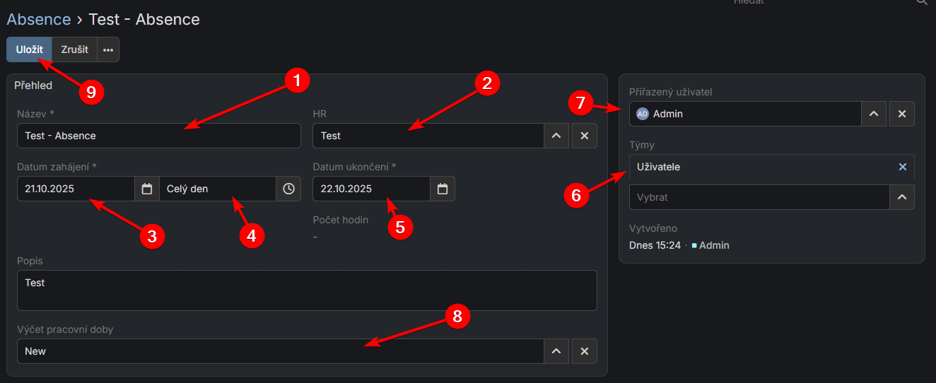 Detail absence s propojením