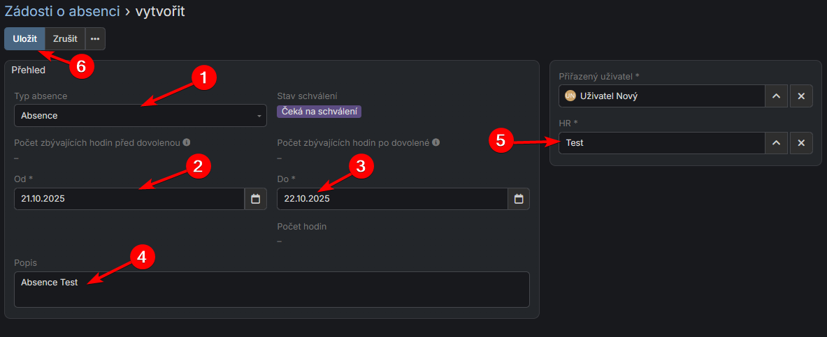 Formulář vytvoření žádosti o absenci