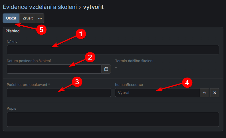 Vytvoření evidence vzdělání