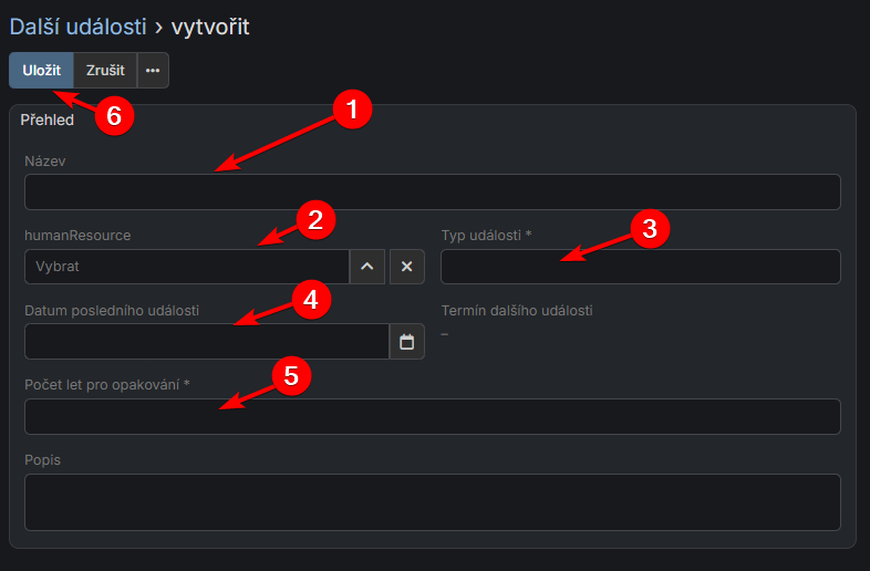 Vytvoření další události