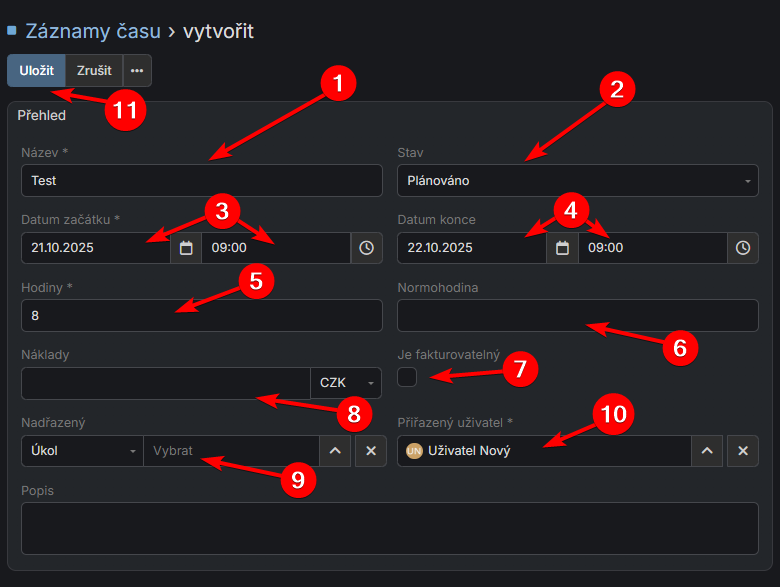 Vytvoření záznamu času