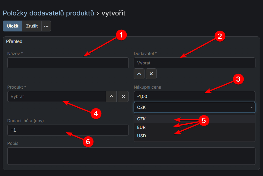 Formulář položky dodavatele
