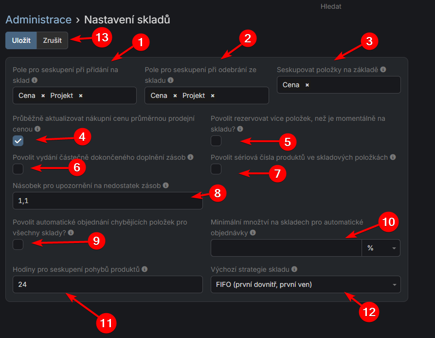 Nastavení produktů a skladu