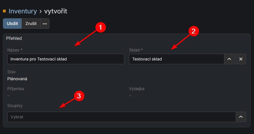 Formulář vytvoření inventury