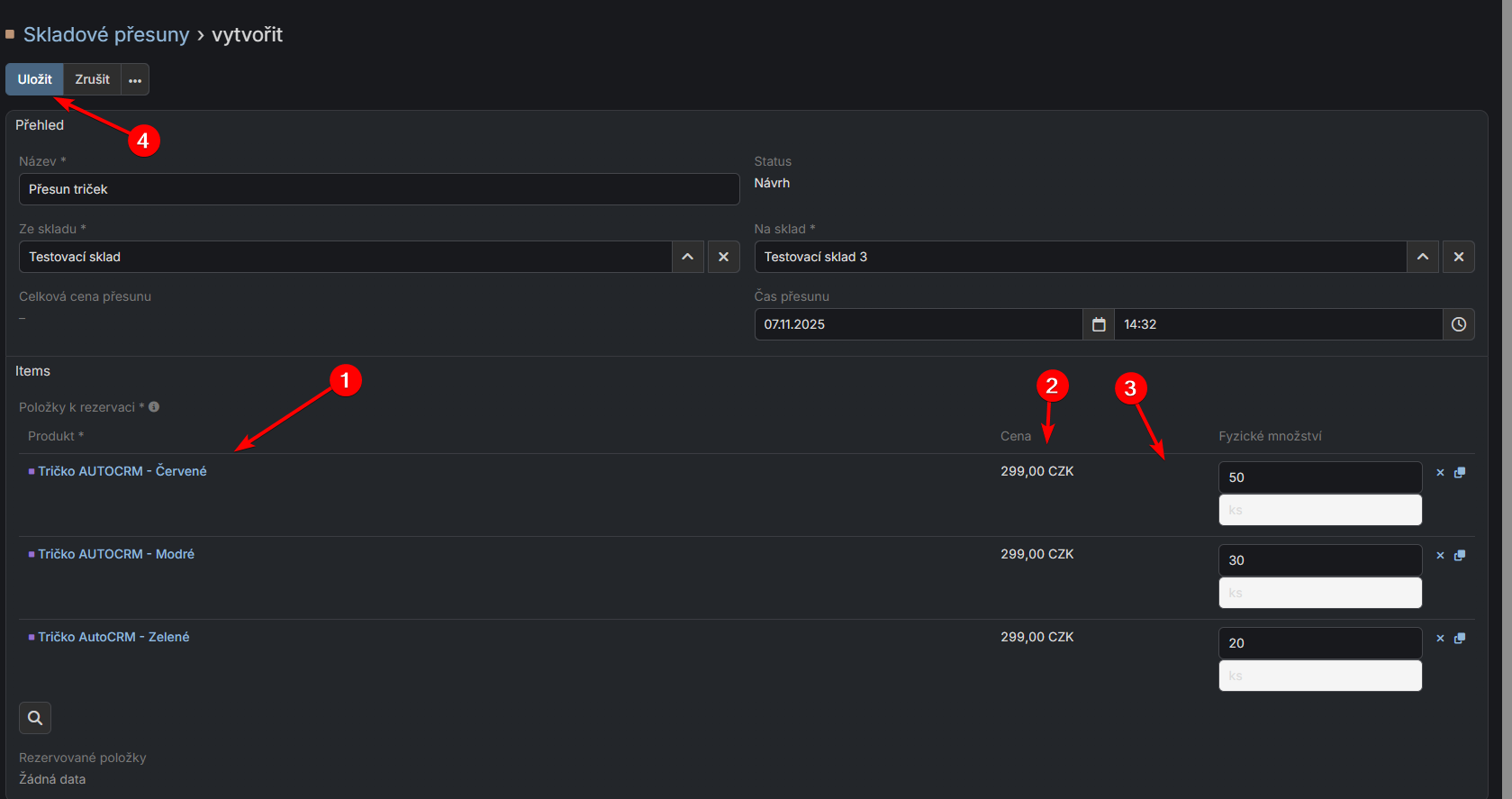 Formulář s vybranými položkami
