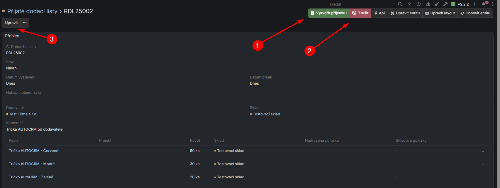 Detail přijatého dodacího listu