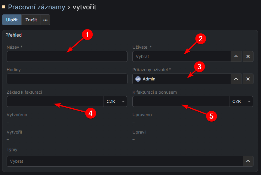 Formulář vytvoření pracovního záznamu