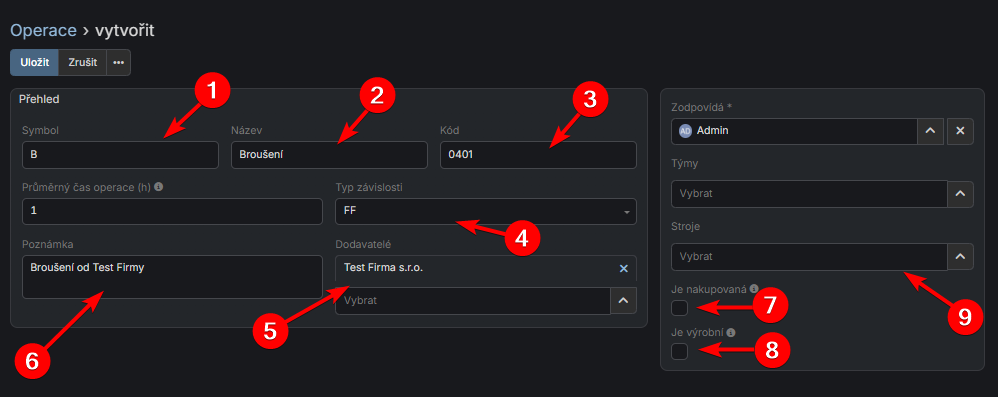 Formulář vytvoření operace