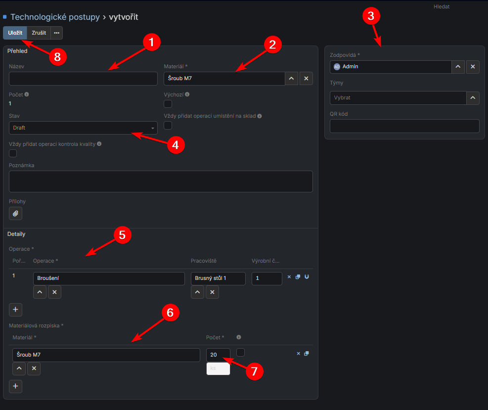 Formulář vytvoření technologického postupu