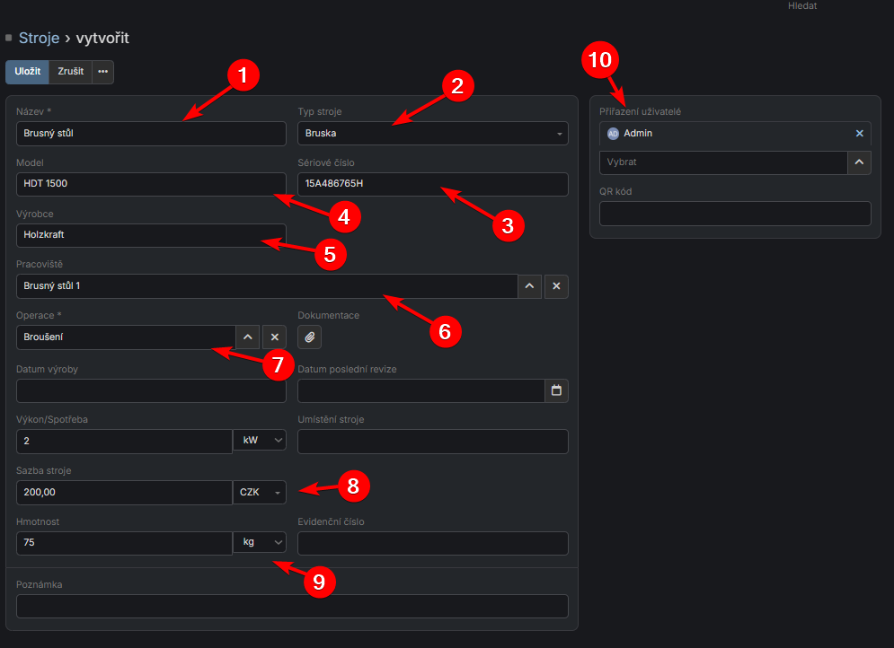 Formulář vytvoření stroje