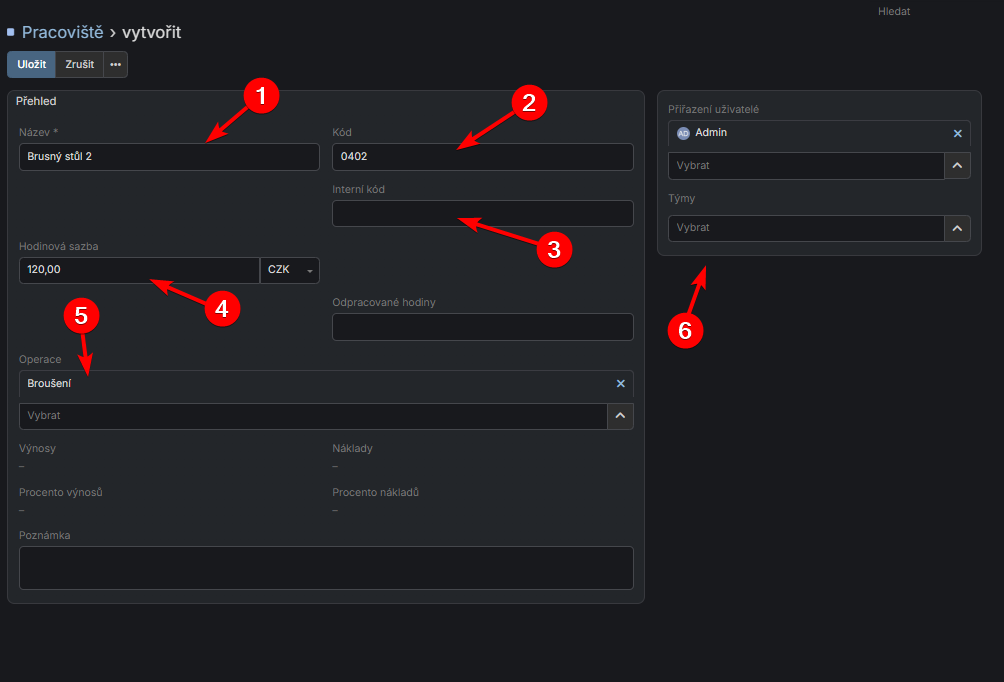 Formulář vytvoření pracoviště