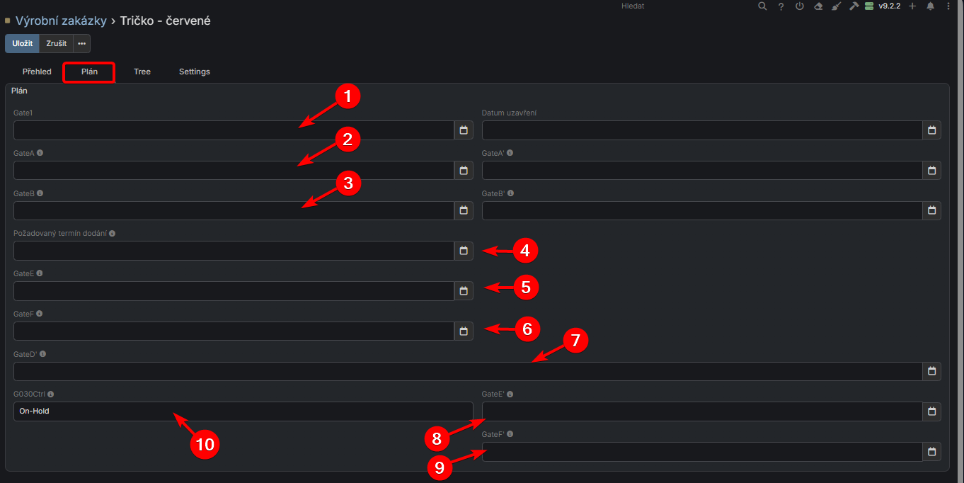 Záložka Plán - systém bran