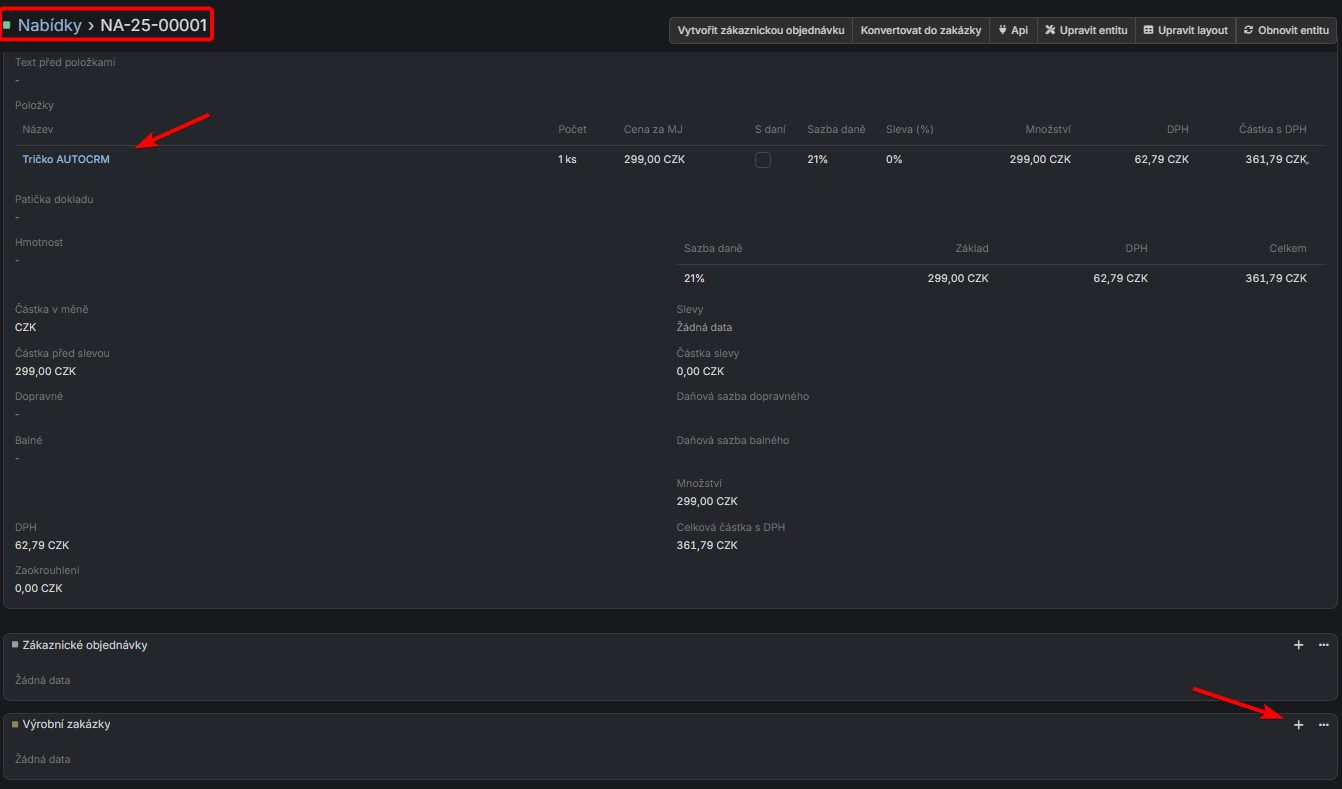 Vytvoření zakázky z nabídky