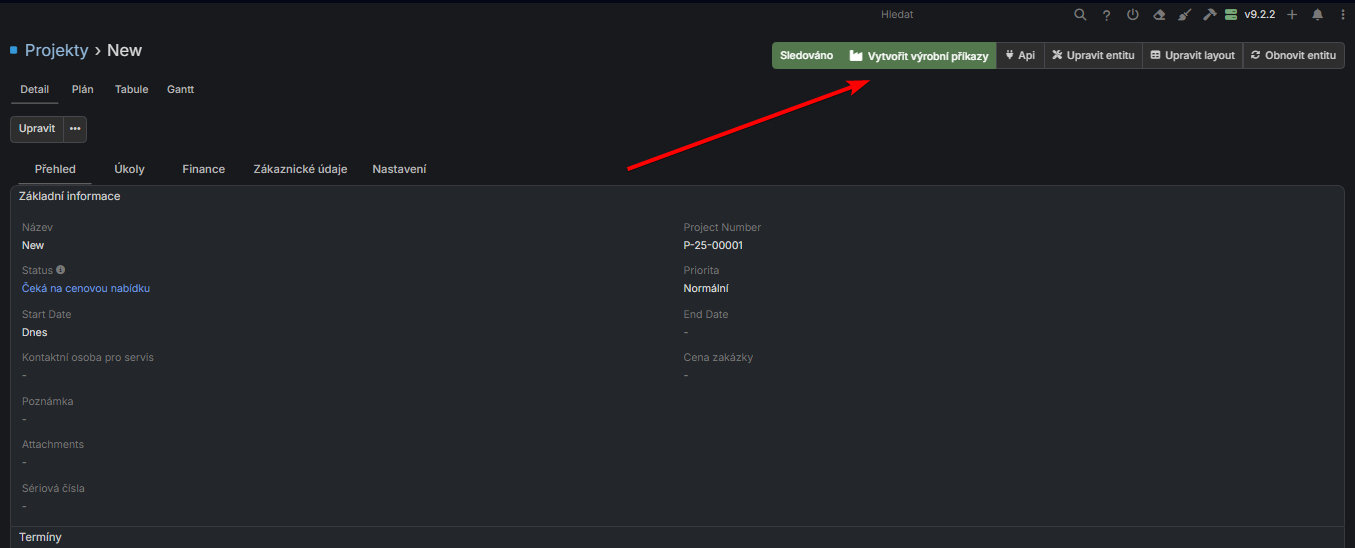 Vytvoření zakázky z projektu